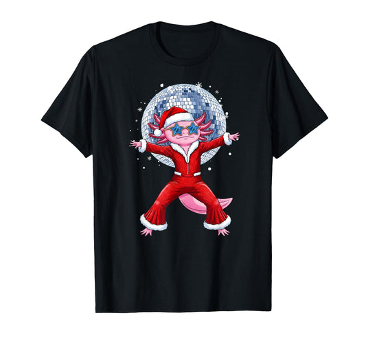 Disco Axolotl Christmas Santa Suit Funny Holiday 70s 80s T-Shirt
