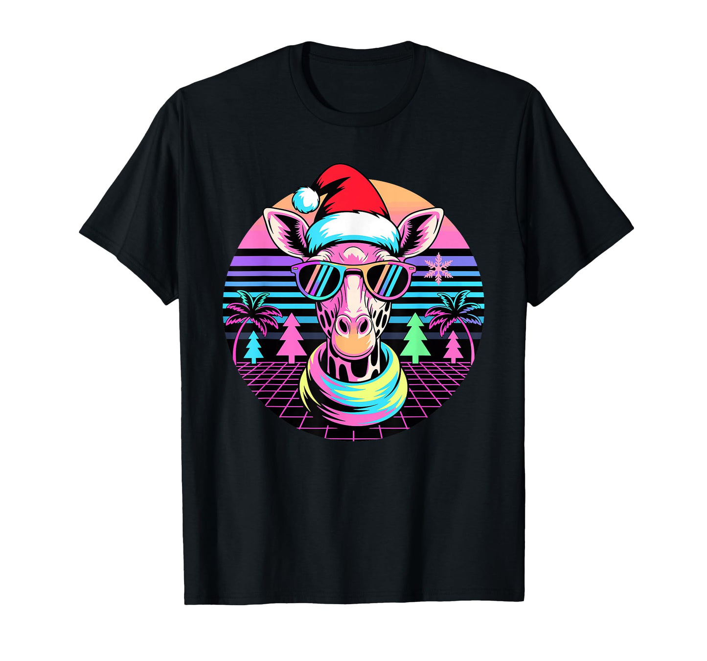 Christmas Synthwave Giraffe Sunglasses Giraffes T-Shirt