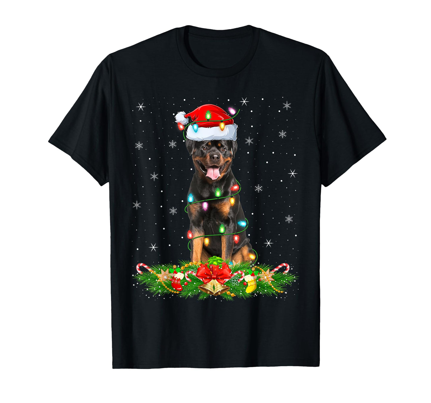 Rottweiler Dog Christmas Lights Funny Santa Hat Xmas T-Shirt