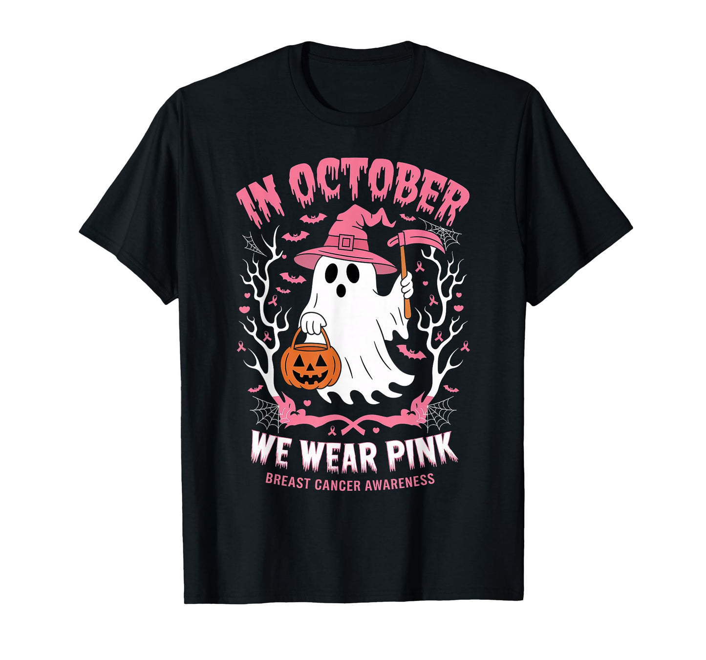 in October We Wear Pink Breast Cancer Awareness Halloween T-Shirt