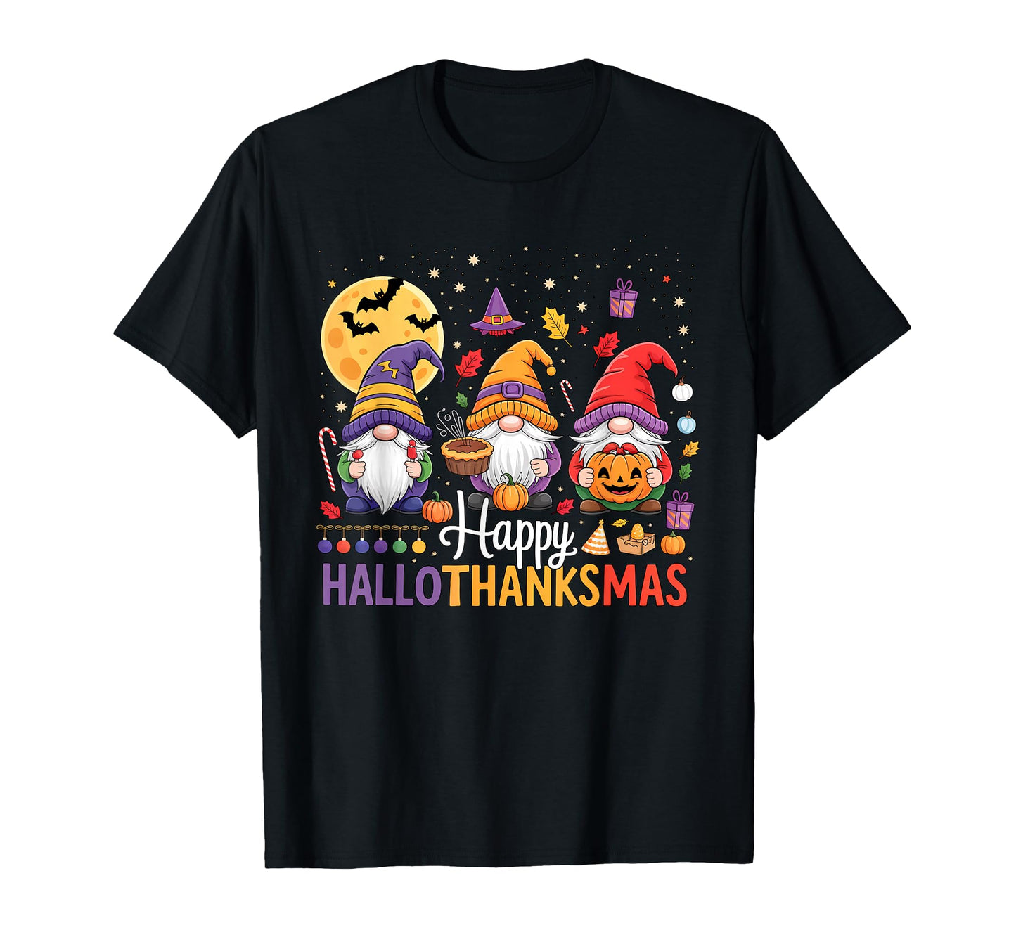 Halloween Thanksgiving Christmas Happy HalloThanksMas Gnomes T-Shirt