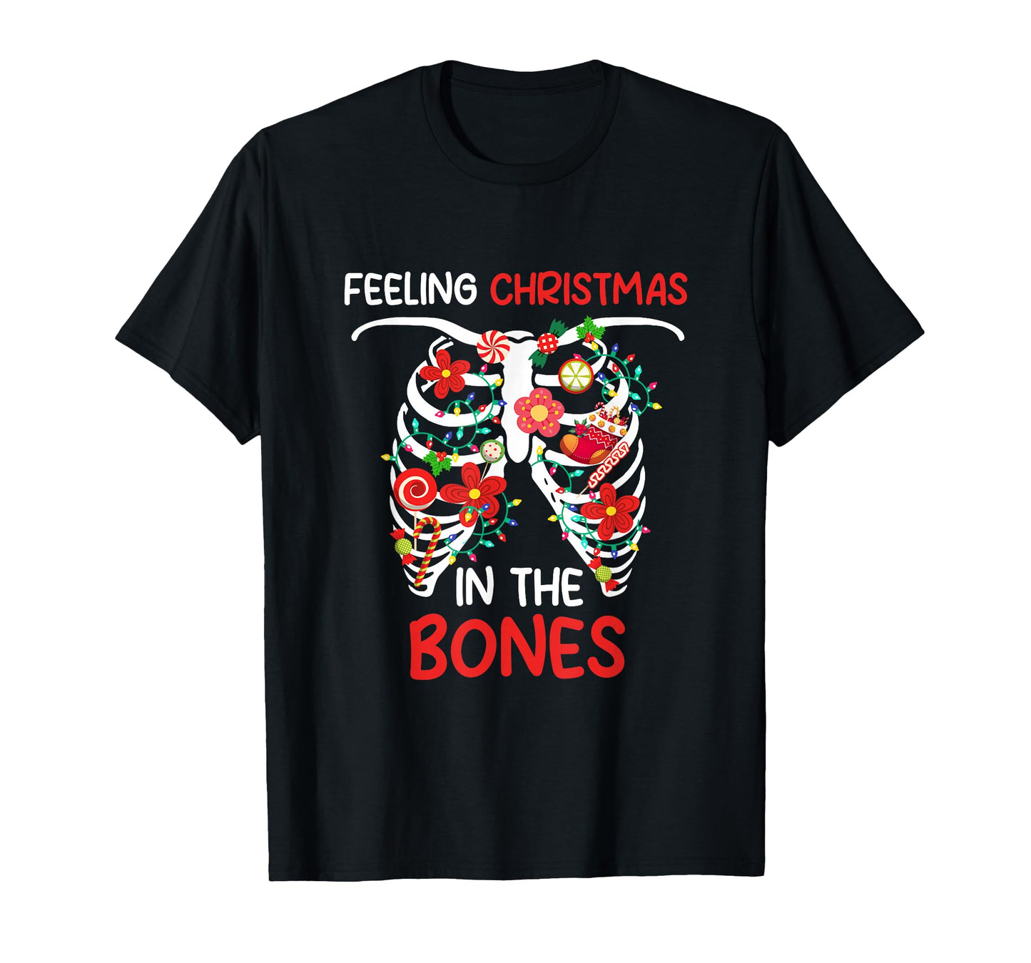 Feeling Xmas in Bones Colorful Lights Floral Xray Skeleton T-Shirt