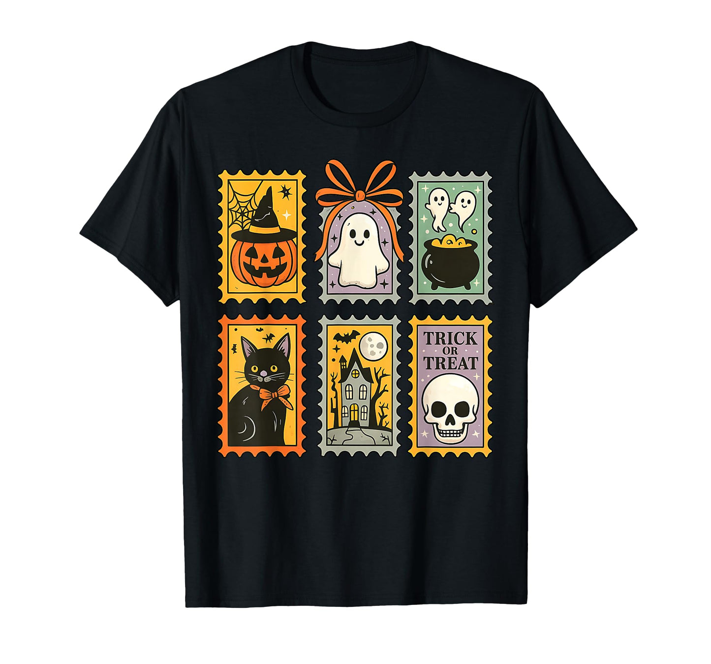 Retro Black Cat Witch Scary Halloween Pumpkin Women Men Kids T-Shirt