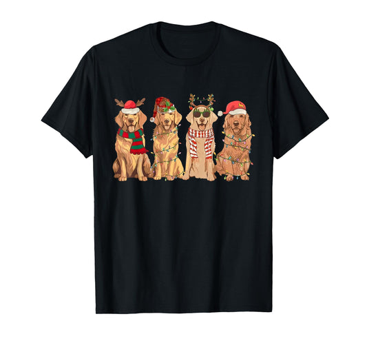 Funny Vintage Santa Golden Retriever Dogs Christmas Lights T-Shirt