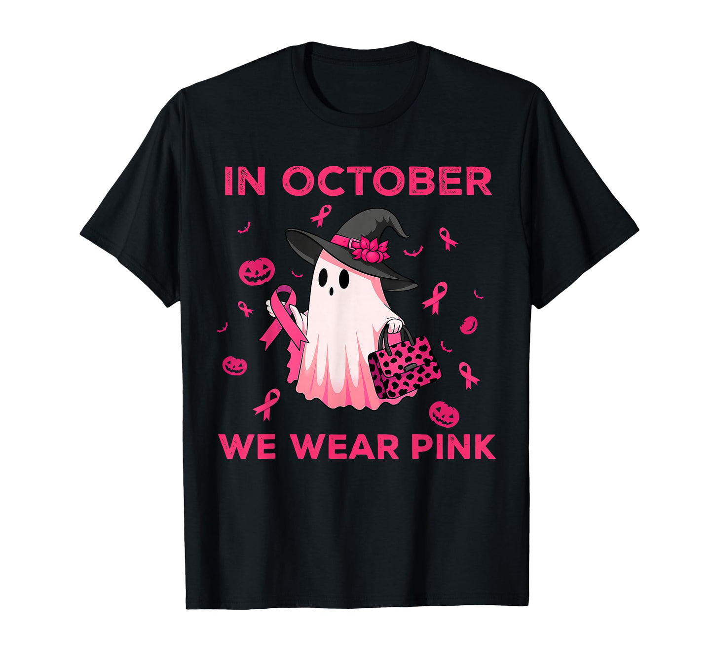 in October We Wear Pink Witch Ghost Breast Cancer Awareness T-Shirt