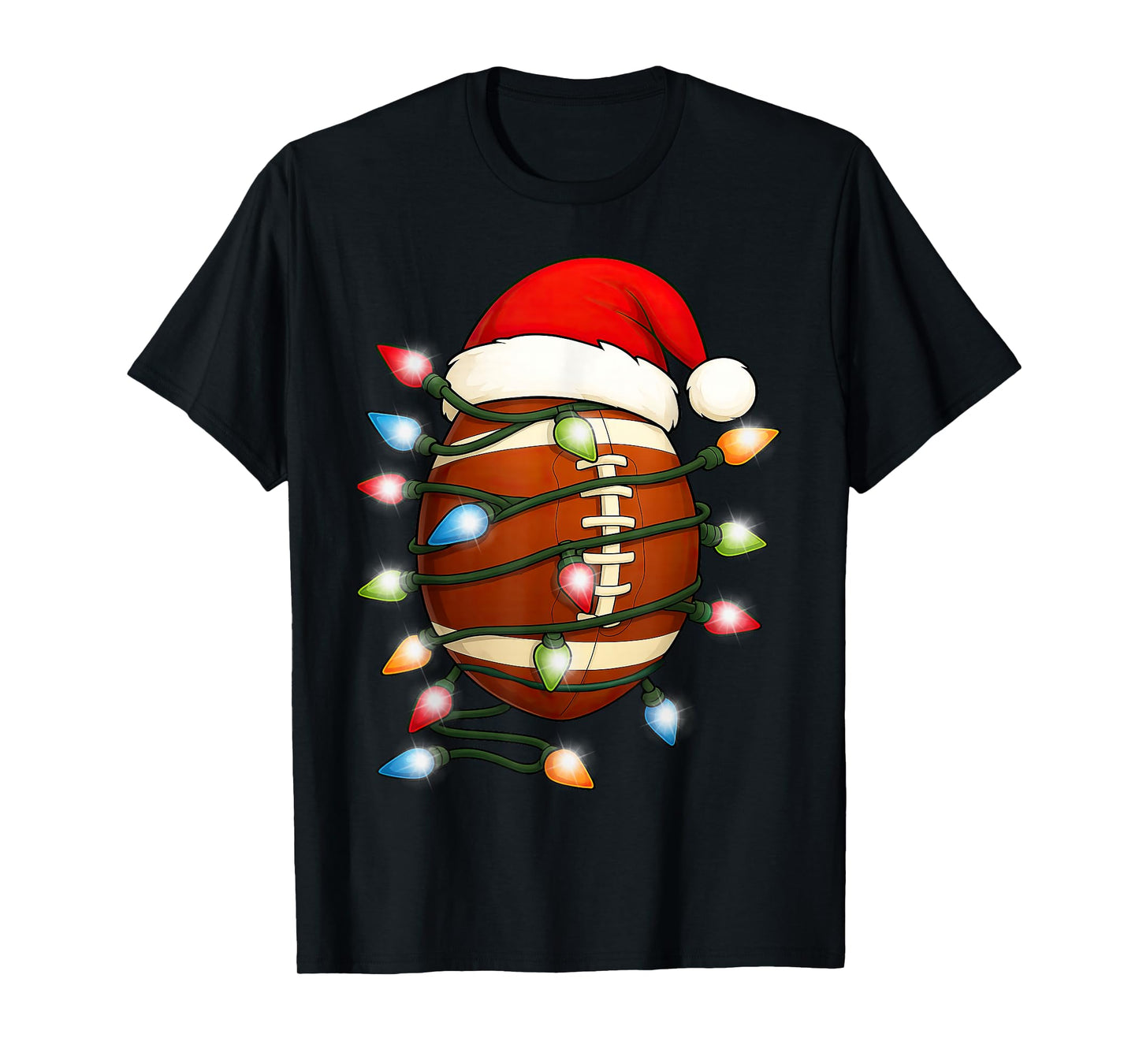 Christmas Football Ball Xmas Lights Santa Hat Men Boys Kids T-Shirt