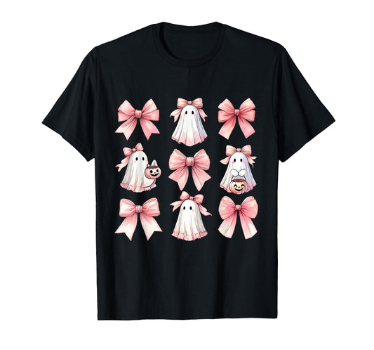 Cute Ghost Florals Pink Coquette Bows Pumpkins Halloween T-Shirt