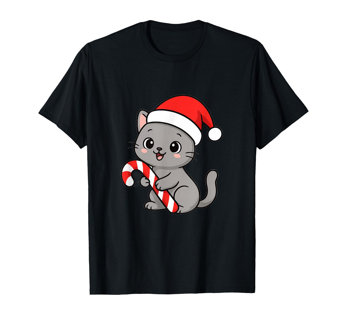 Grey Cat with Santa Hat & Candy Cane T-Shirt