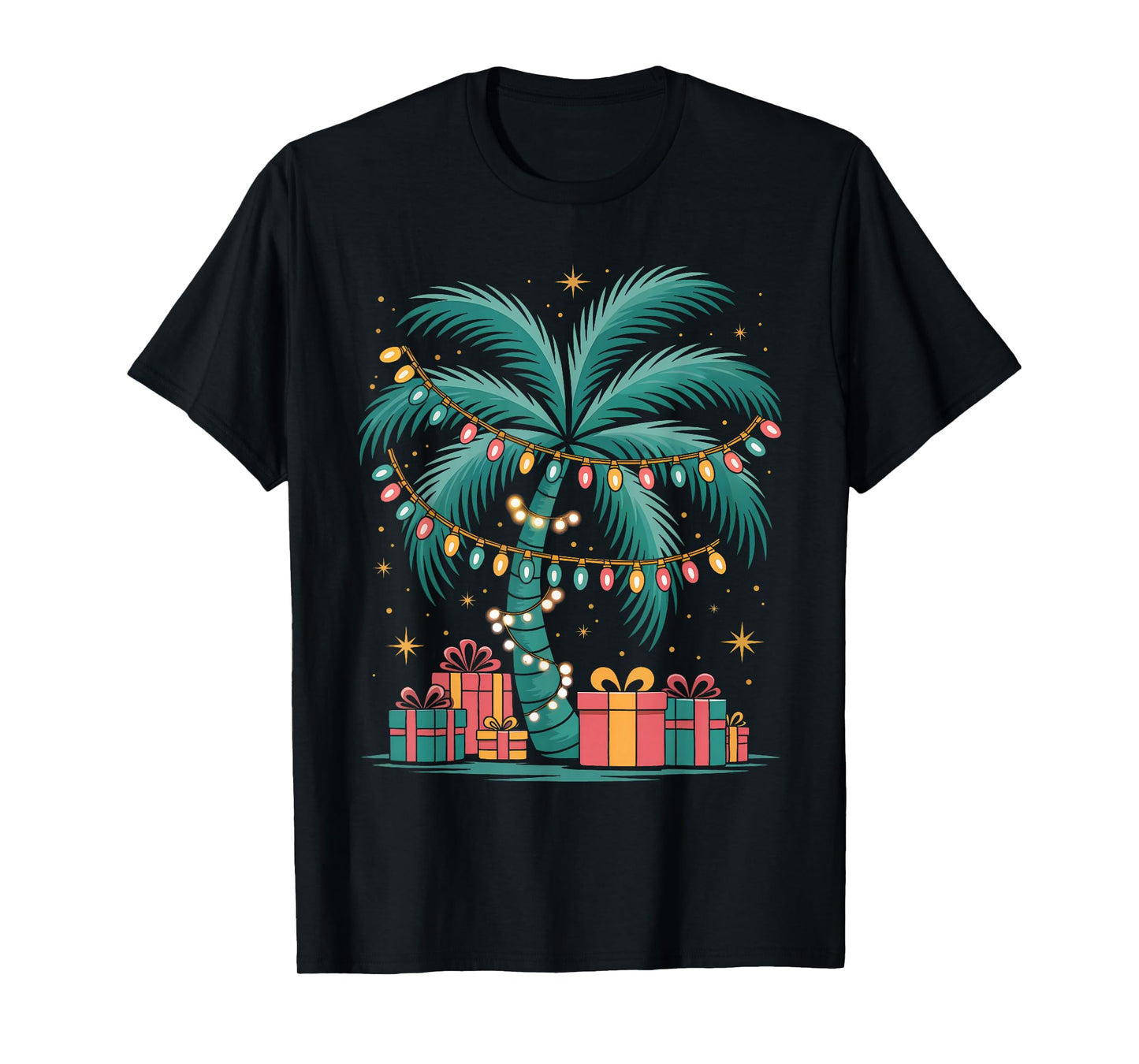 Tropical Christmas Hawaiian Santa Palm Tree with Lights T-Shirt