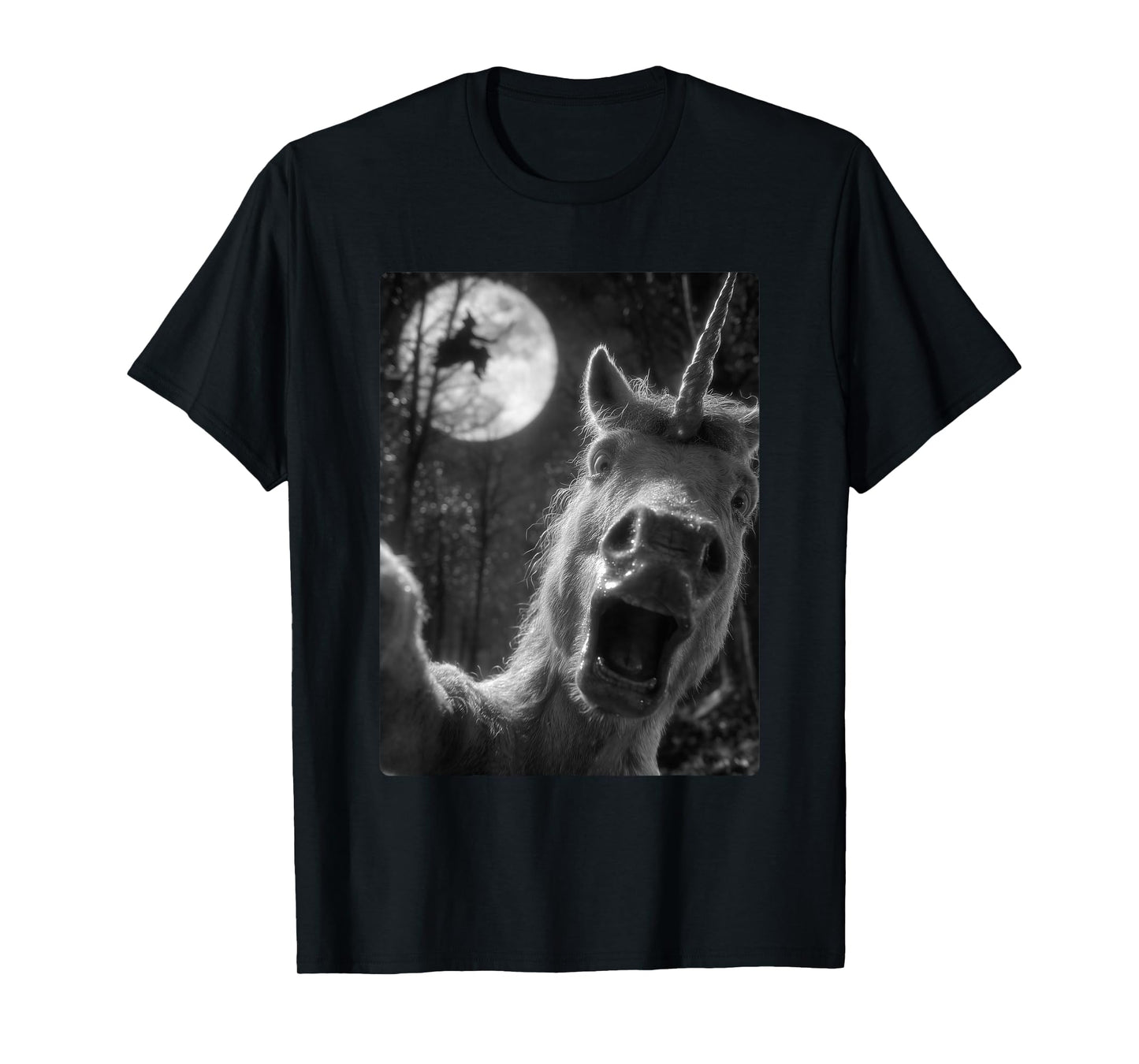 Funny Unicorn Selfie Full Moon Flying Witch Forest Halloween T-Shirt