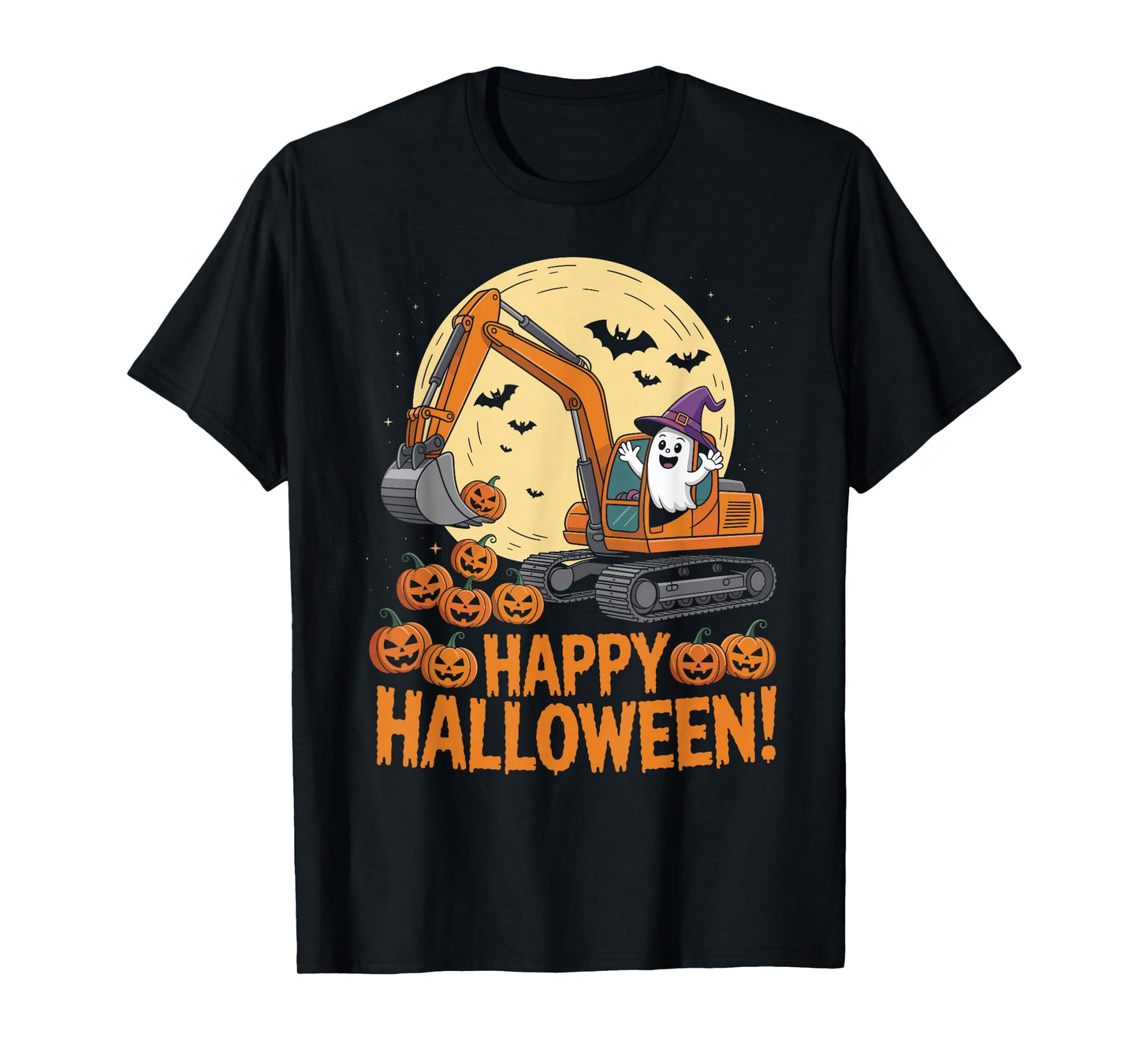 Happy Halloween Ghost Pumpkins and Excavator Construction T-Shirt