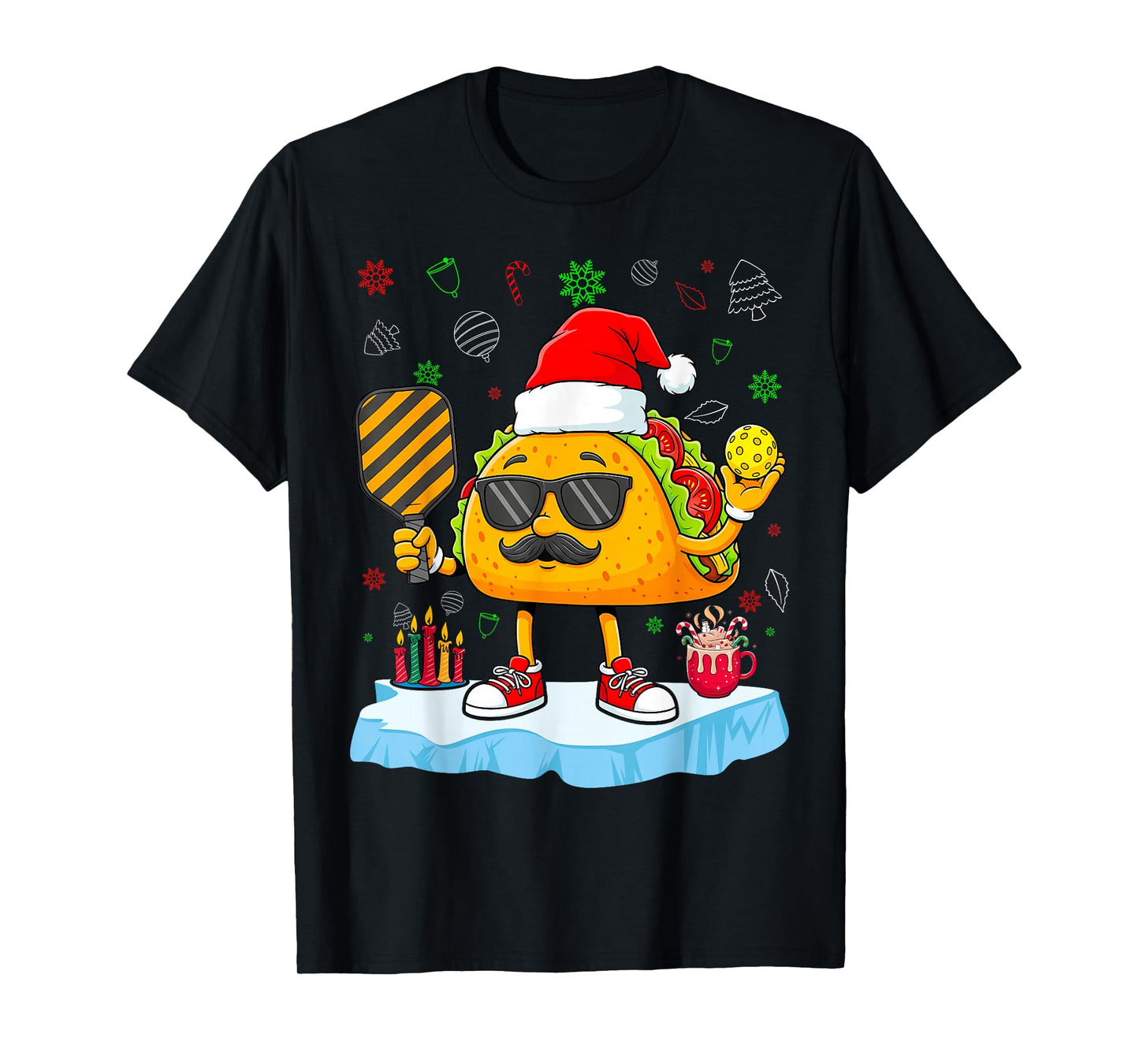Taco with Santa Hat Playing Pickleball Christmas Party T-Shirt