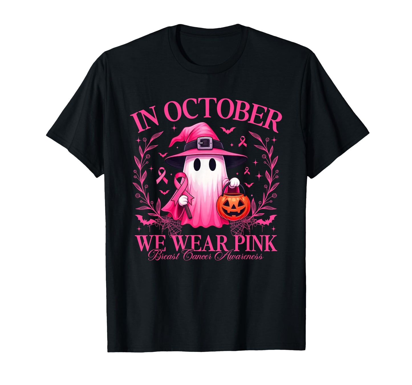Ghost Witch in October We Wear Pink Breast Cancer Awareness T-Shirt