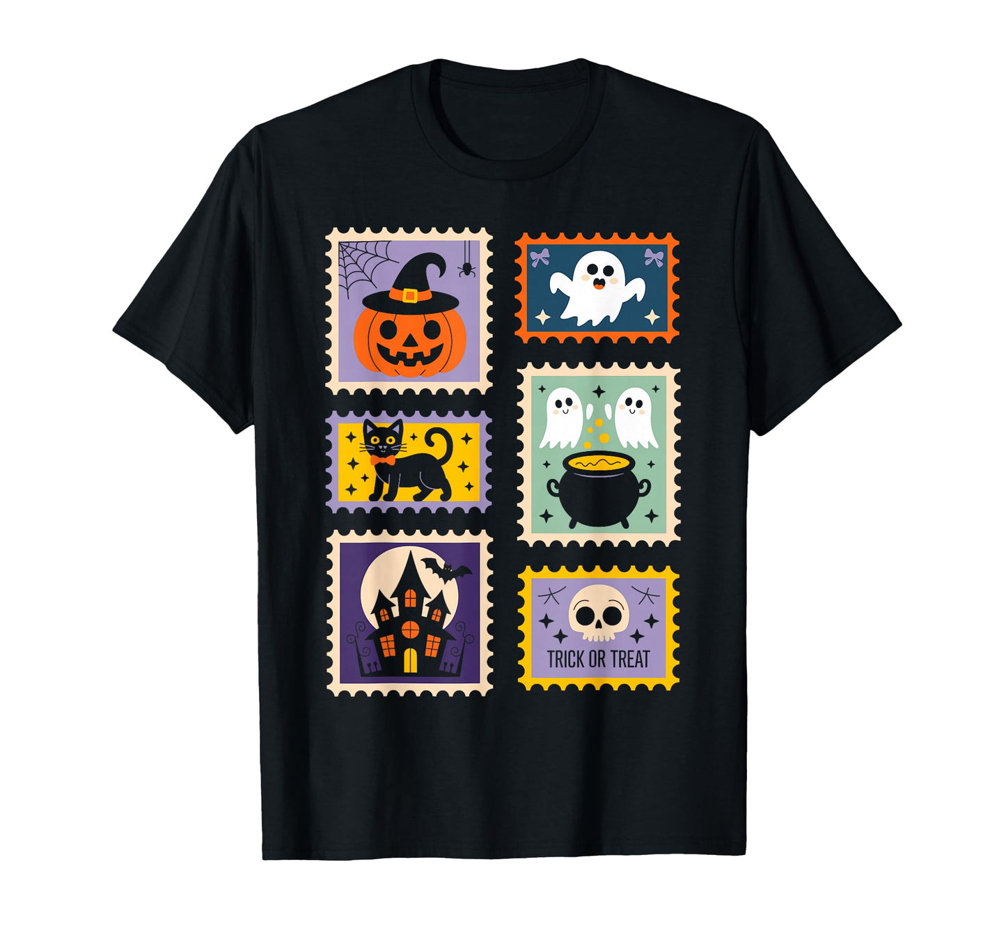 Halloween Stamps Spooky Pumpkin Ghost Cat Witch Skeleton T-Shirt