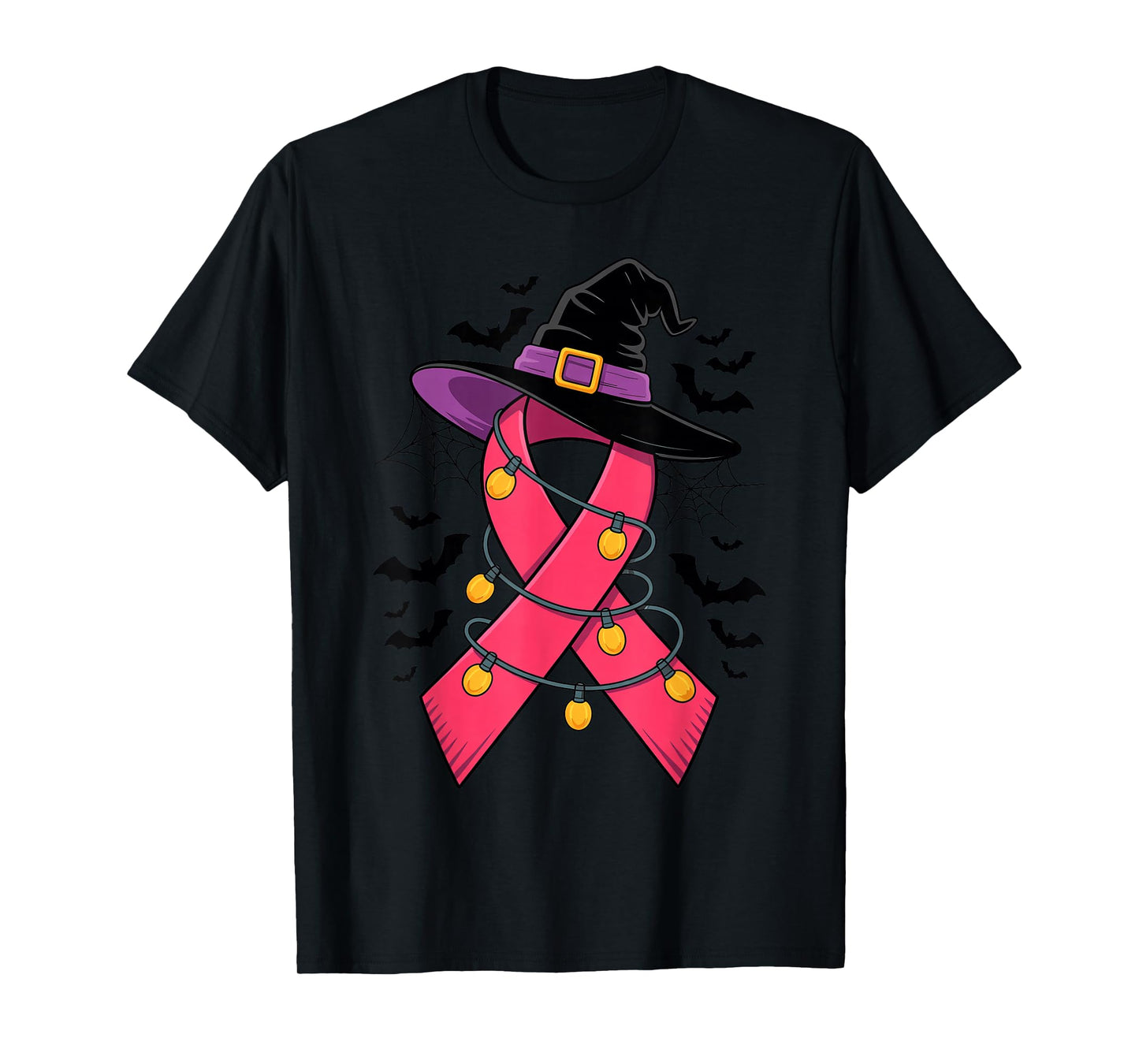 Womens Pink Ribbon Witch Hat Halloween Breast Cancer Warrior T-Shirt