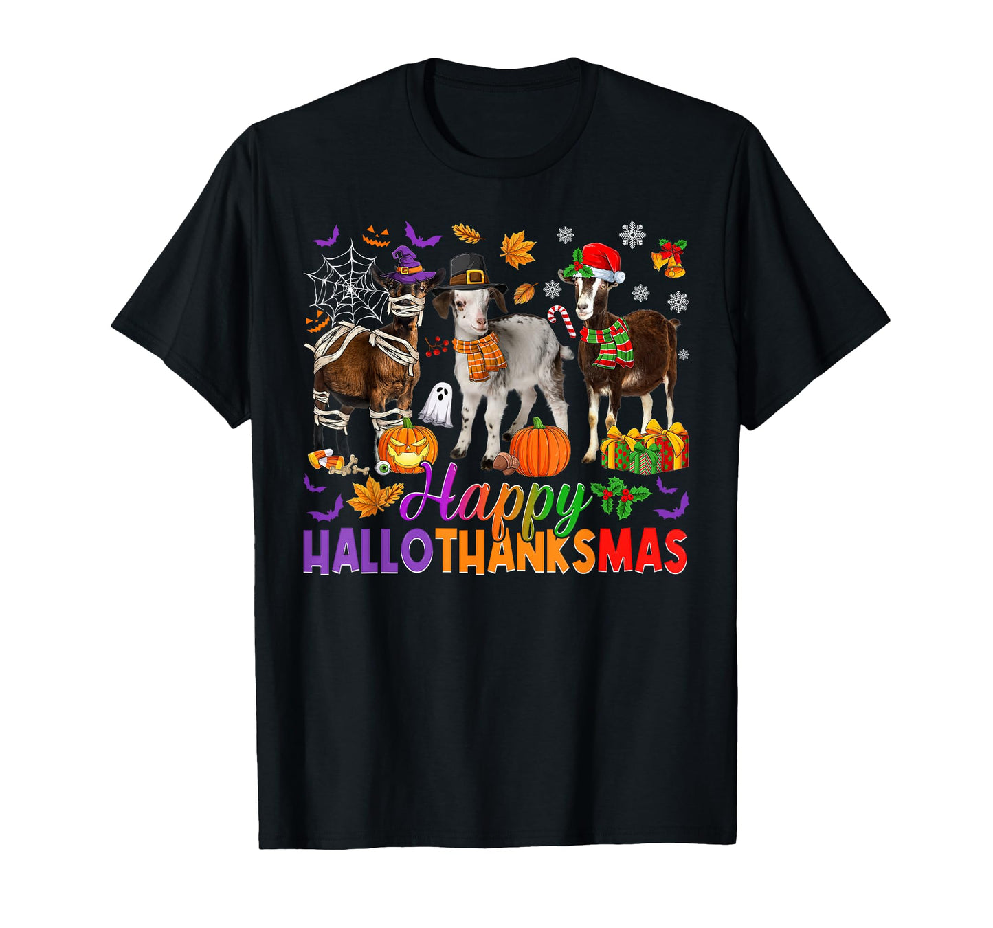 Happy Hallothanksmas Halloween Thanksgiving Christmas Goats T-Shirt