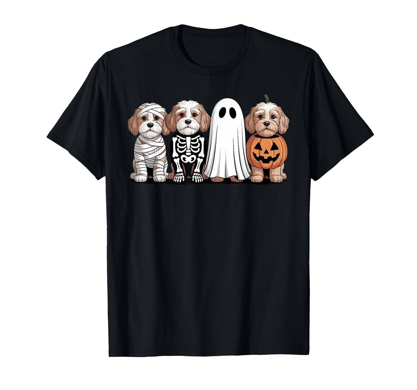 Spooky Ghost Cavapoo Pumpkin Halloween Dog Skeleton T-Shirt