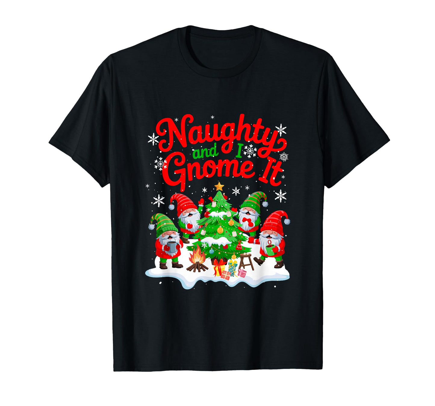 Naughty and I Gnome It Group Gnomes Decorating Xmas Tree T-Shirt