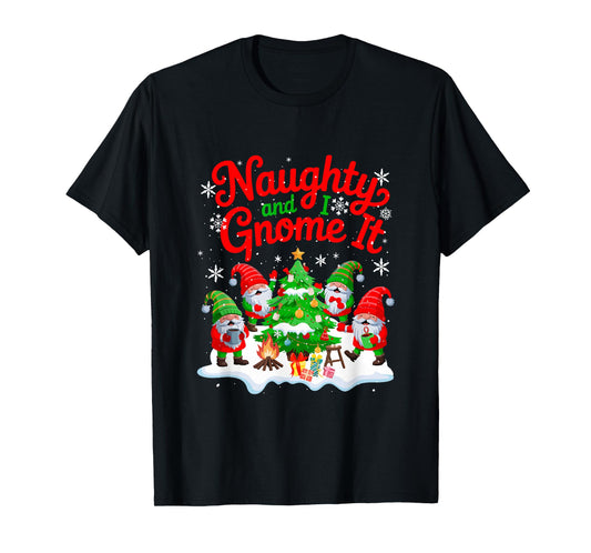 Naughty and I Gnome It Group Gnomes Decorating Xmas Tree T-Shirt