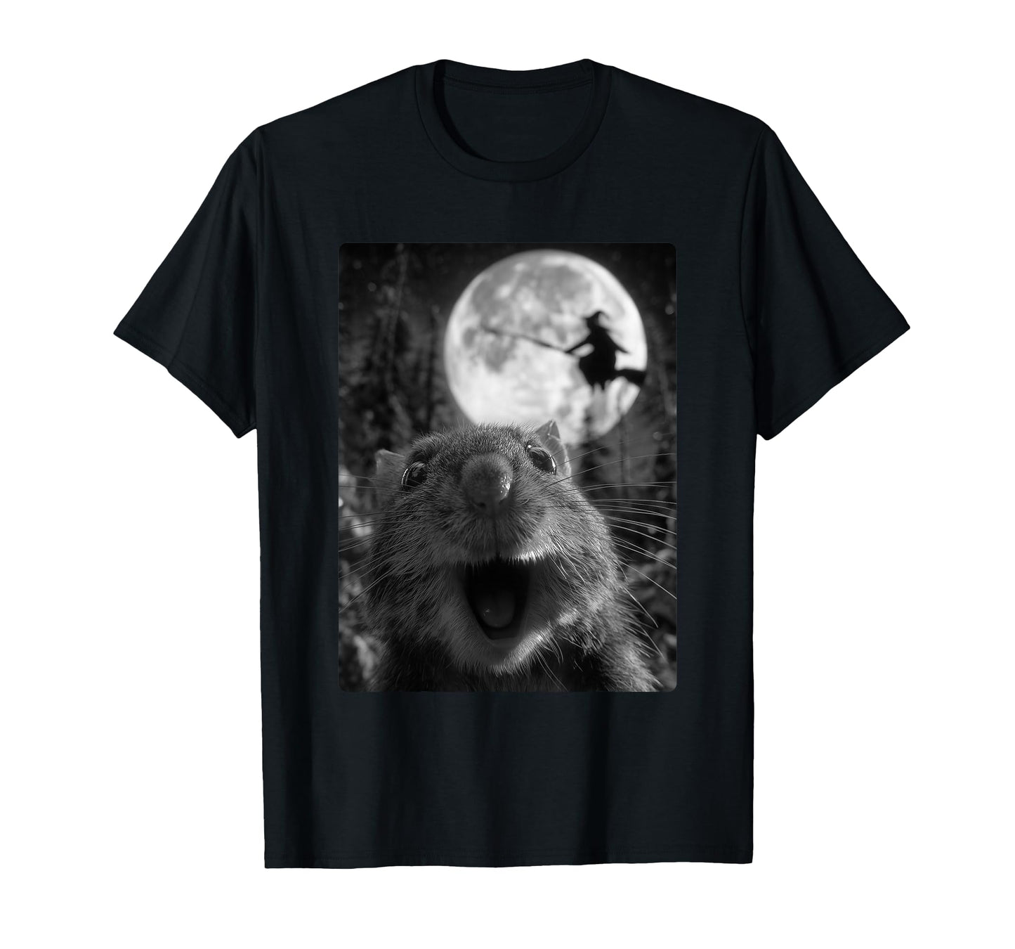 Funny Hamster Selfie Full Moon Flying Witch Forest Halloween T-Shirt