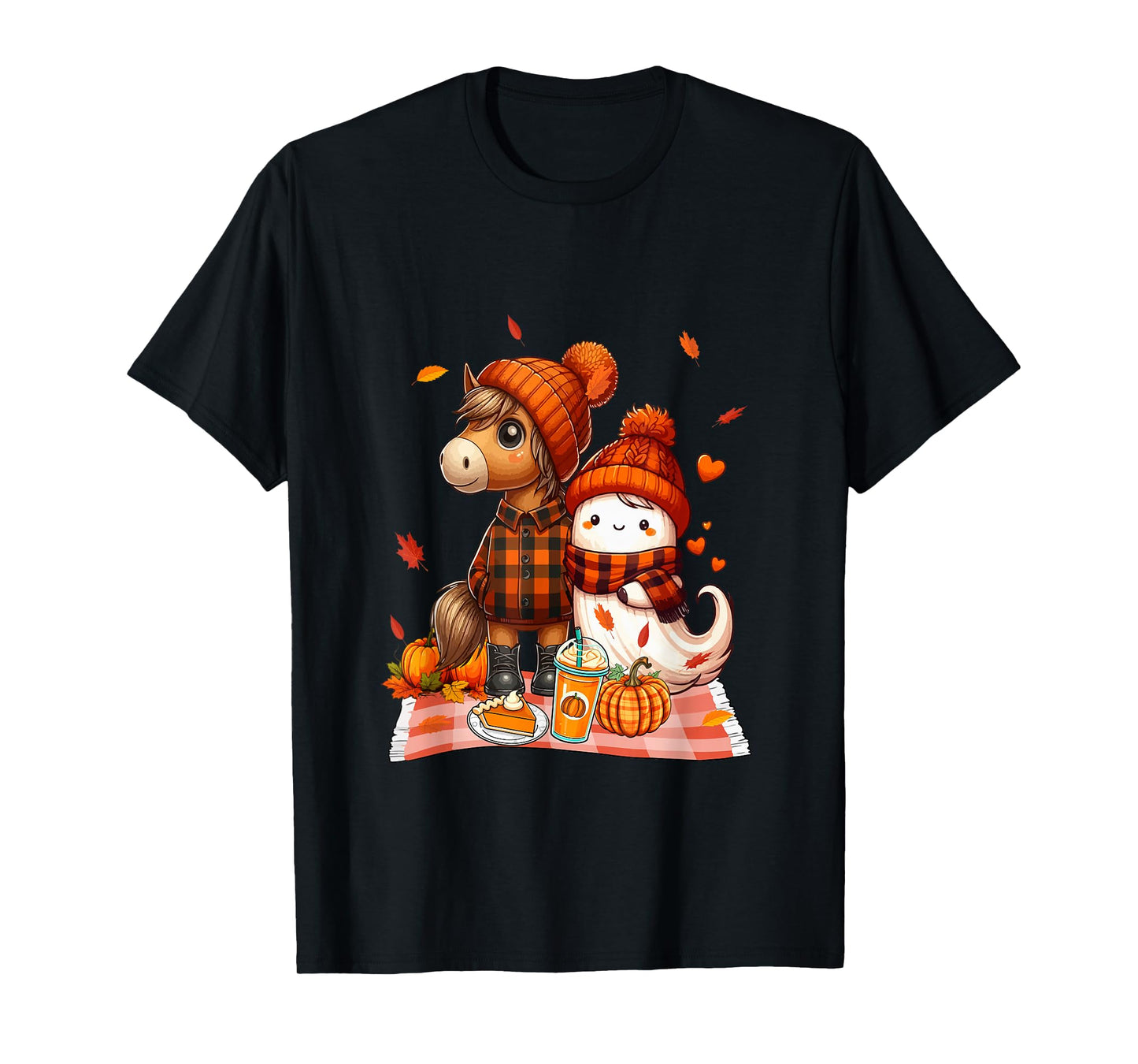 Horse with Boo Halloween Thanksgiving Fall Leaves Pumpkins T-Shirt