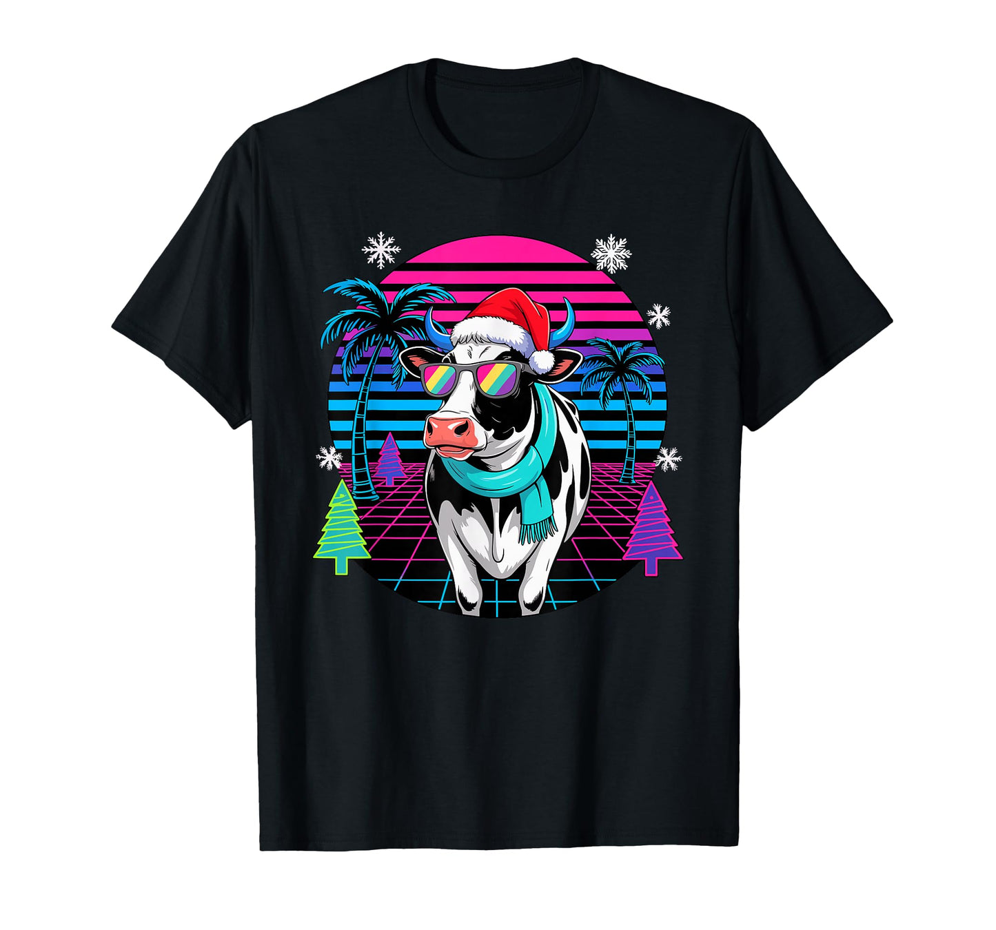 Christmas Synthwave Cow Sunglasses Cows T-Shirt