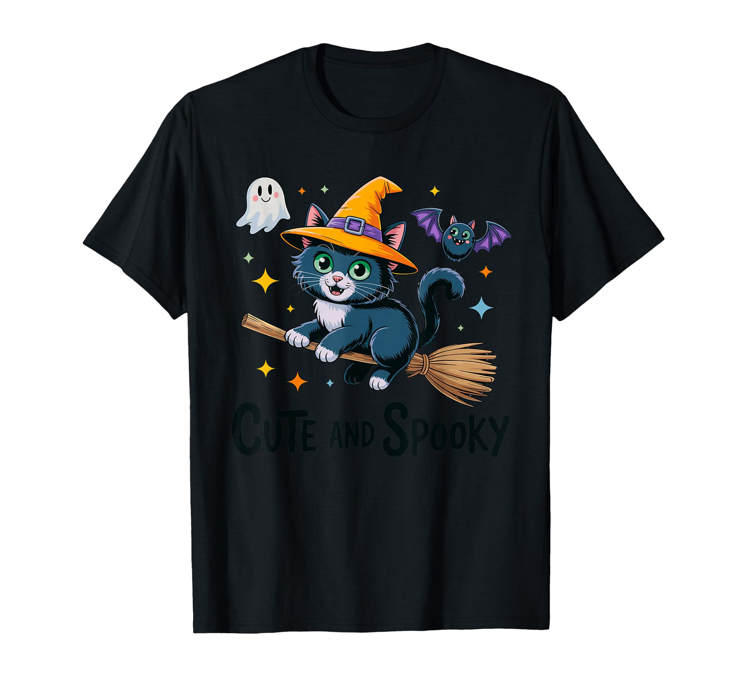 Halloween Cute Cat Flying On Broom with Ghost Stars T-Shirt