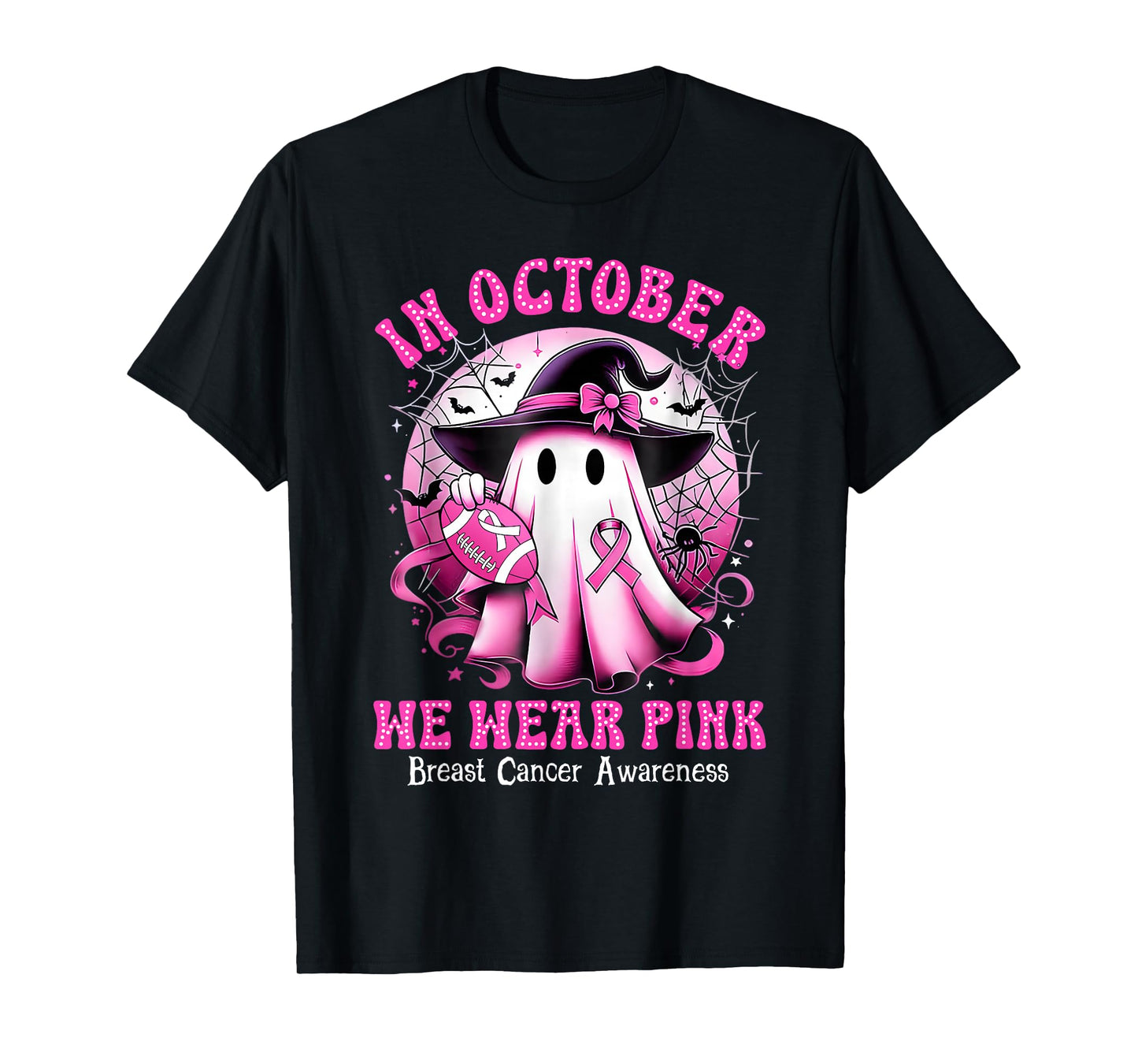in October We Wear Pink Witch Ghost Breast Cancer Awareness T-Shirt