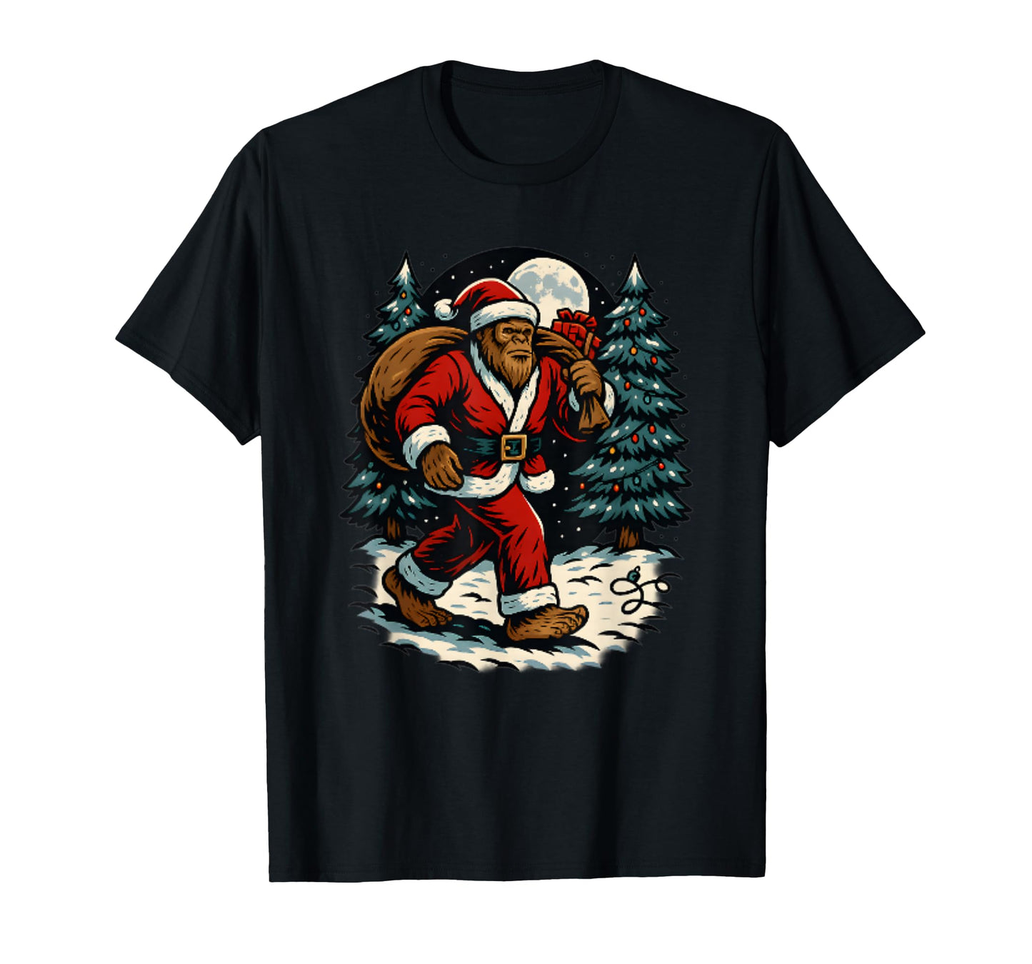 Gorilla Santa Christmas Outfit Bigfoot Holiday Walk in Snow T-Shirt