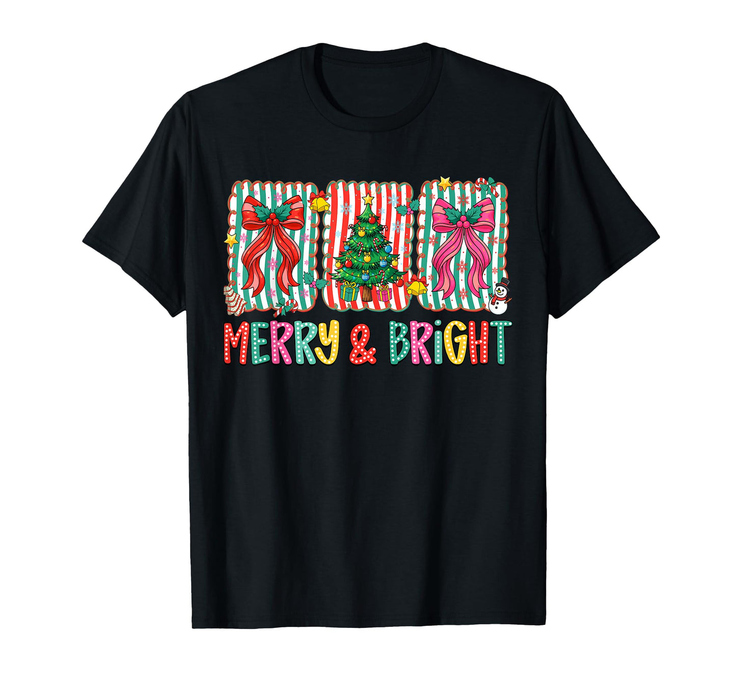 Merry and Bright Preppy Christmas Tree Coquette Bow Women T-Shirt