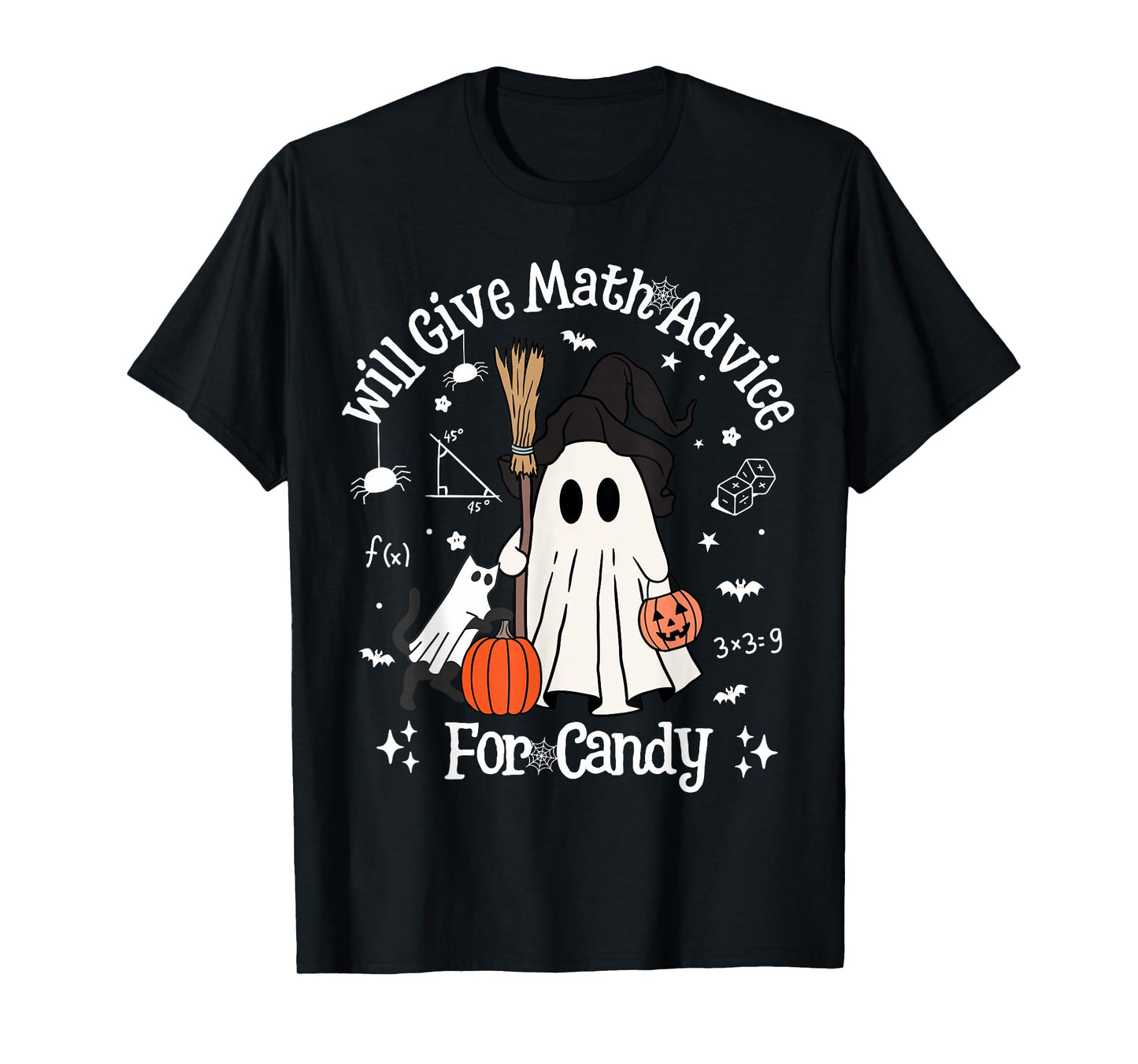 Funny Math Teachers Halloween Ghost Woman Kid Girl Cat Lover T-Shirt