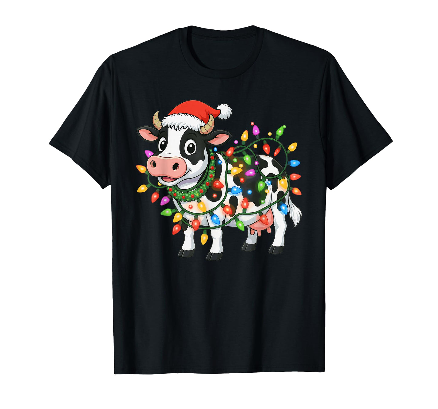 Christmas Cow Santa Hat Lights Xmas Men Women Boys Kids T-Shirt