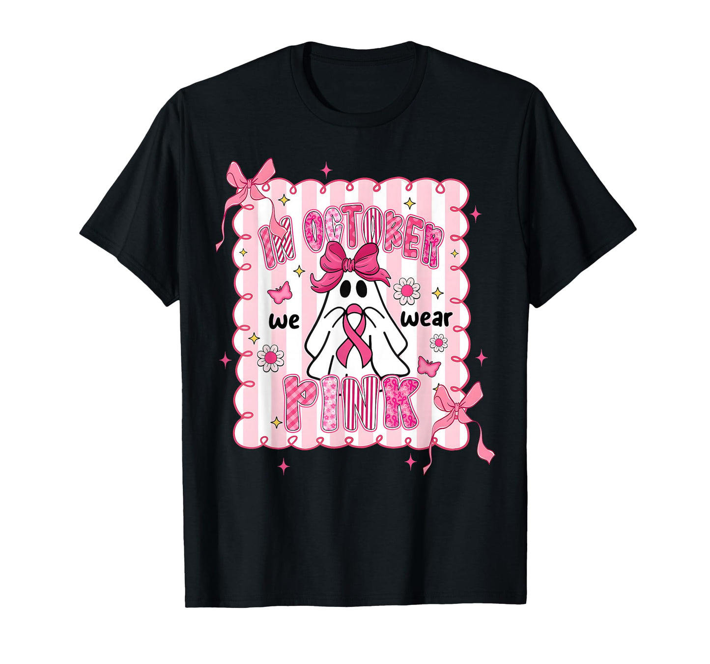 October We Wear Pink Breast Cancer Ghost Coquette Halloween T-Shirt