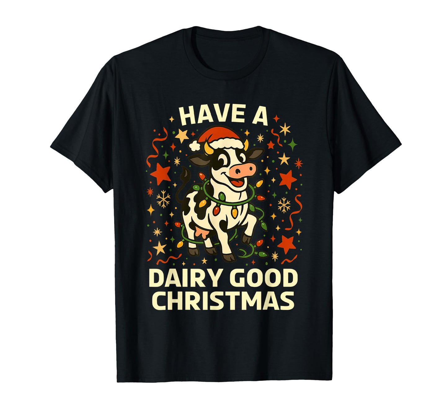 Christmas Holstein Cow Lights Funny Dairy Good Pun T-Shirt