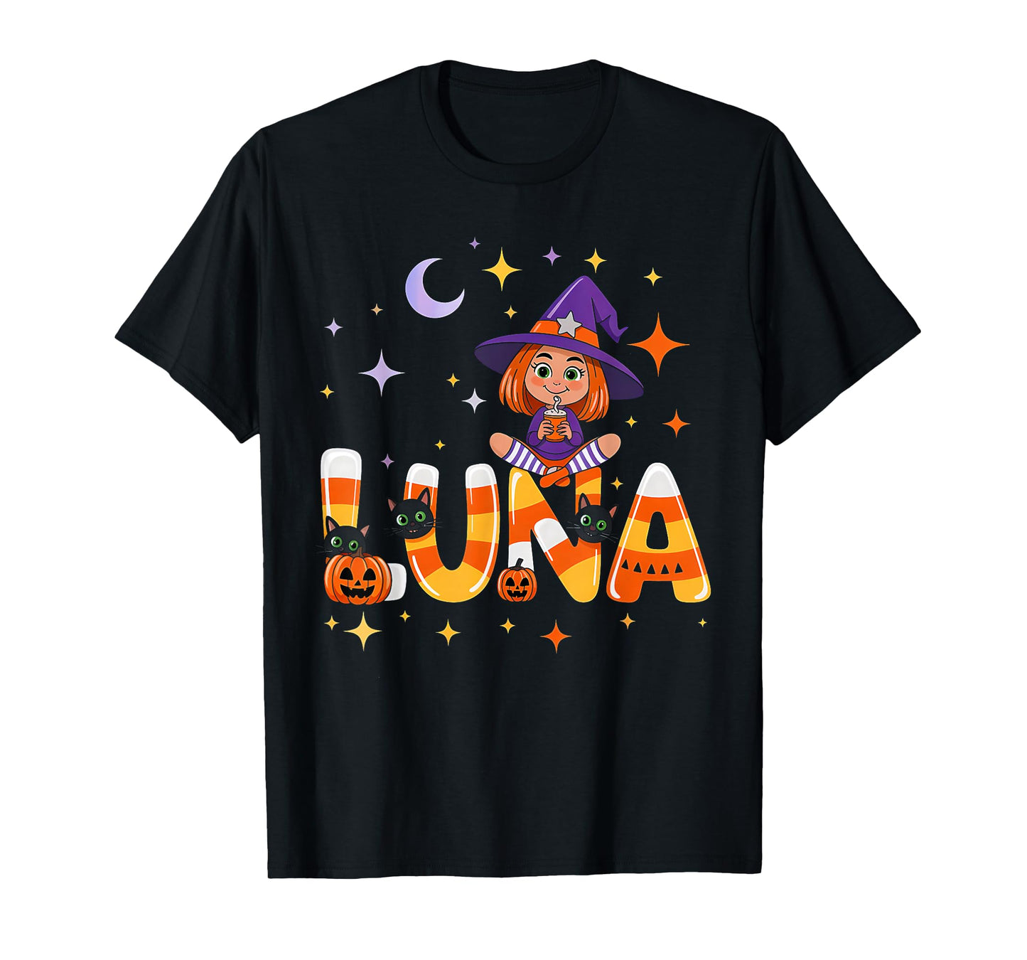 Luna Witch Candy Corn Cat Halloween Women and Girls T-Shirt