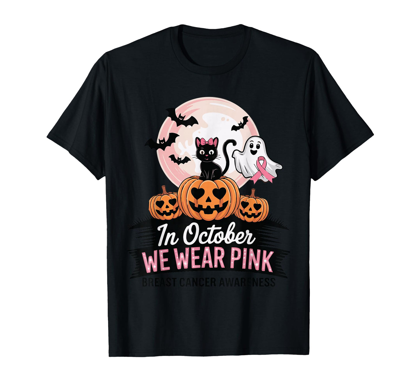 in October We Wear Pink Ghost Witch Breast Cancer Awareness T-Shirt