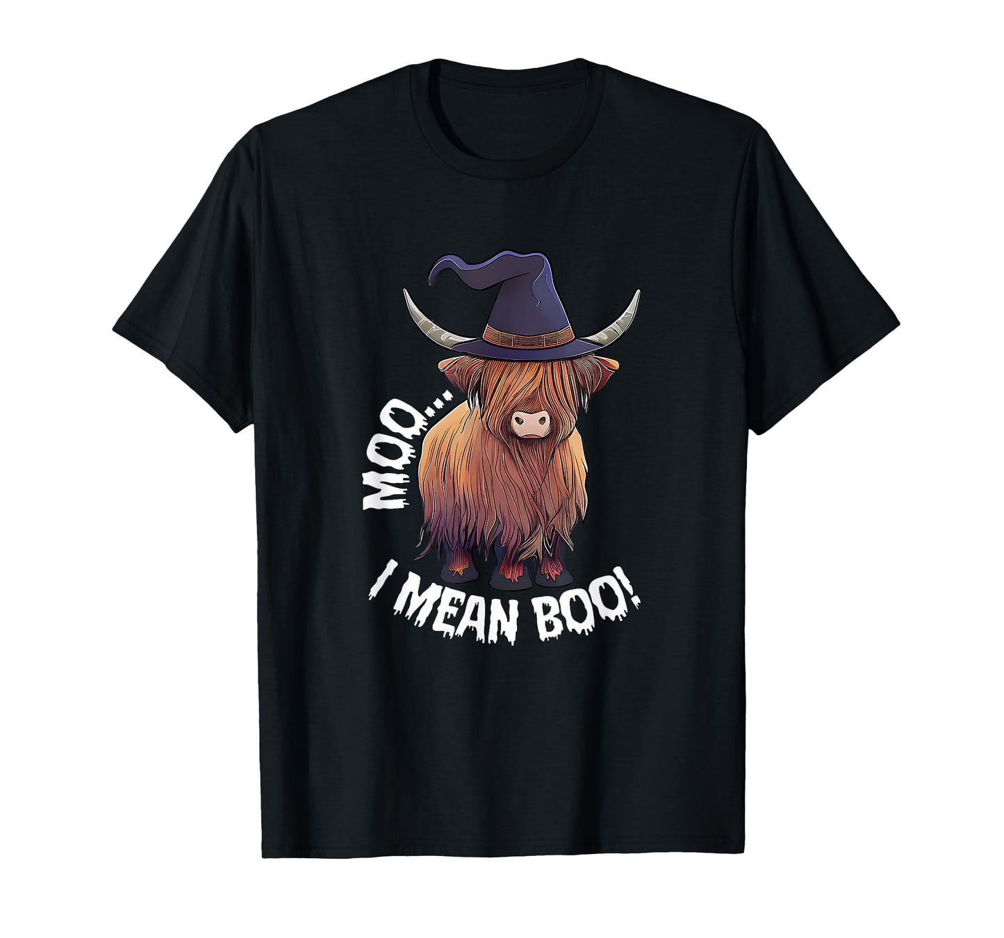 Moo I Mean Boo Halloween Highland Cow Witch Cow Lover Farm T-Shirt