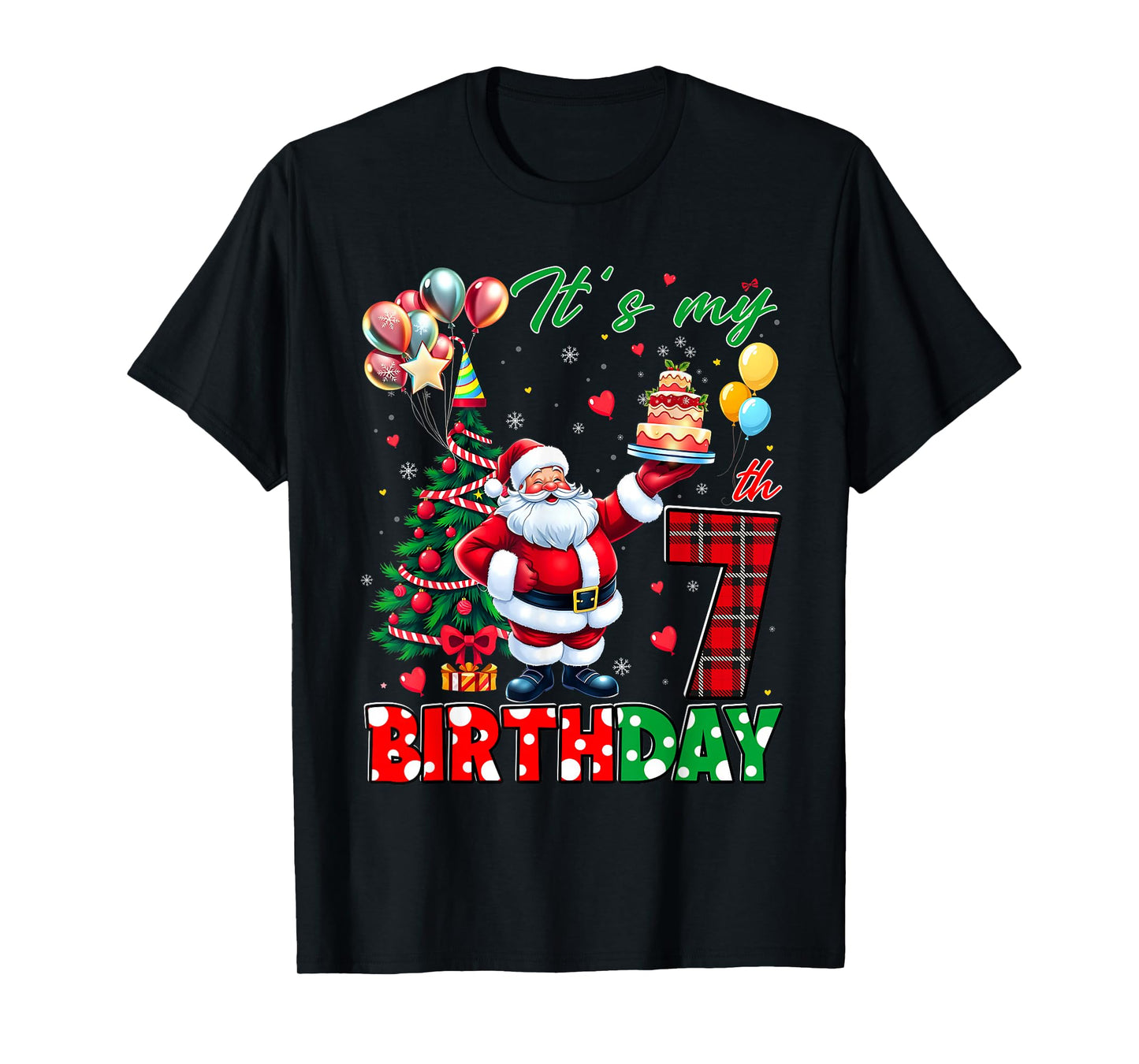 Kids It's My 7th Birthday Cute Santa Christmas 7 Years Old T-Shirt