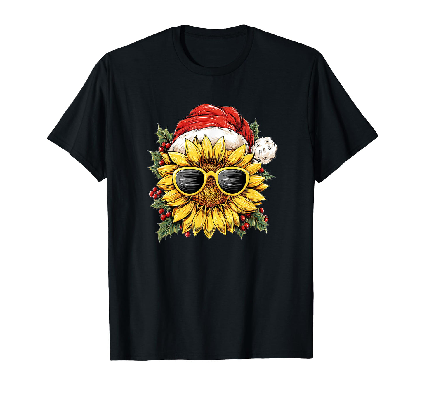 Festive Sunflower in Xmas Style for Santa Hat and Sunglasses T-Shirt
