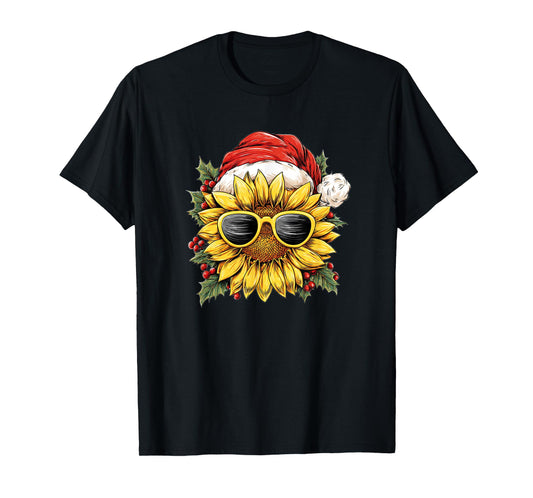 Festive Sunflower in Xmas Style for Santa Hat and Sunglasses T-Shirt