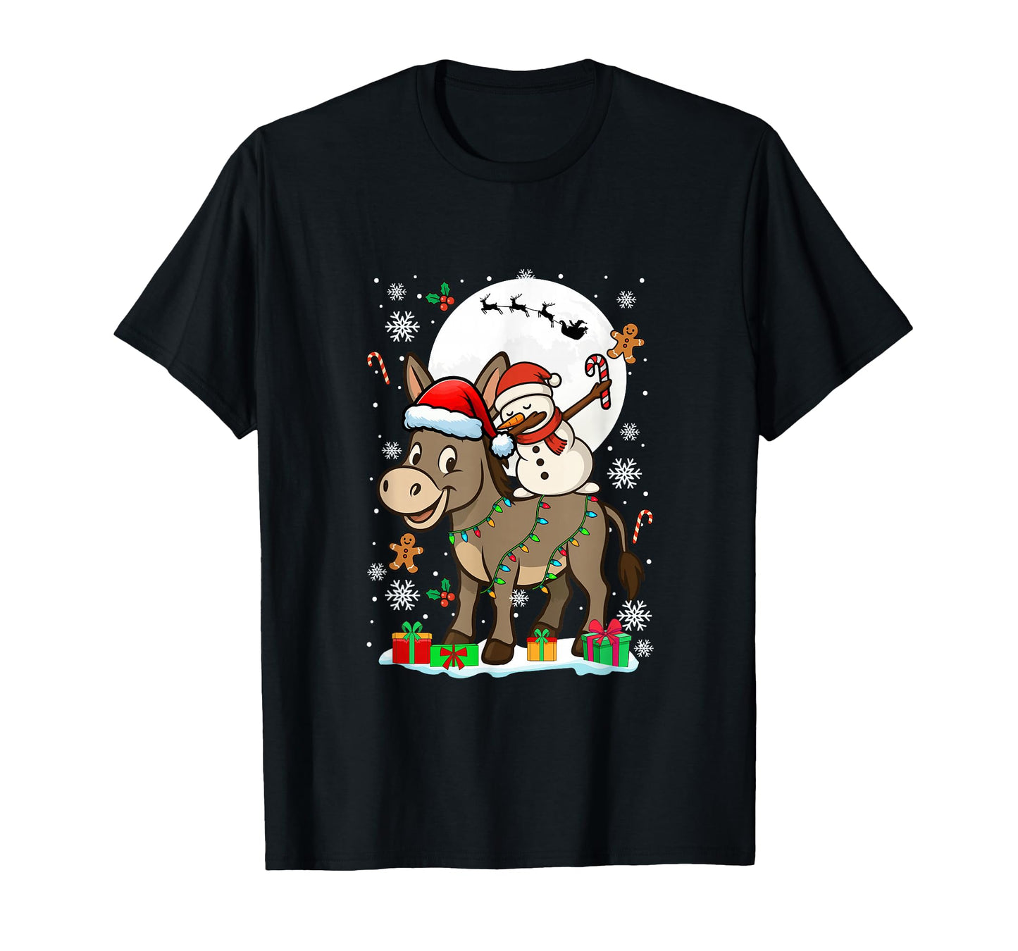 Dabbing Snowman On Donkey Christmas Santa Colorful Lights T-Shirt