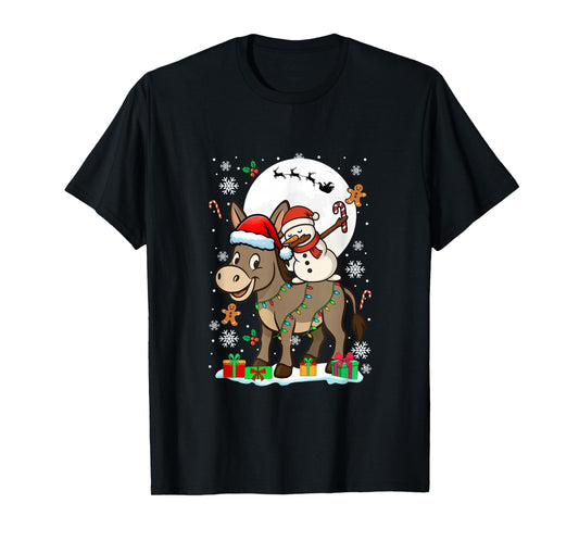 Dabbing Snowman On Donkey Christmas Santa Colorful Lights T-Shirt