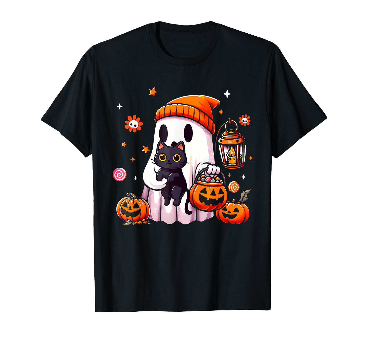 Ghost Holding Black Cat Funny Halloween Cat Lovers Women T-Shirt