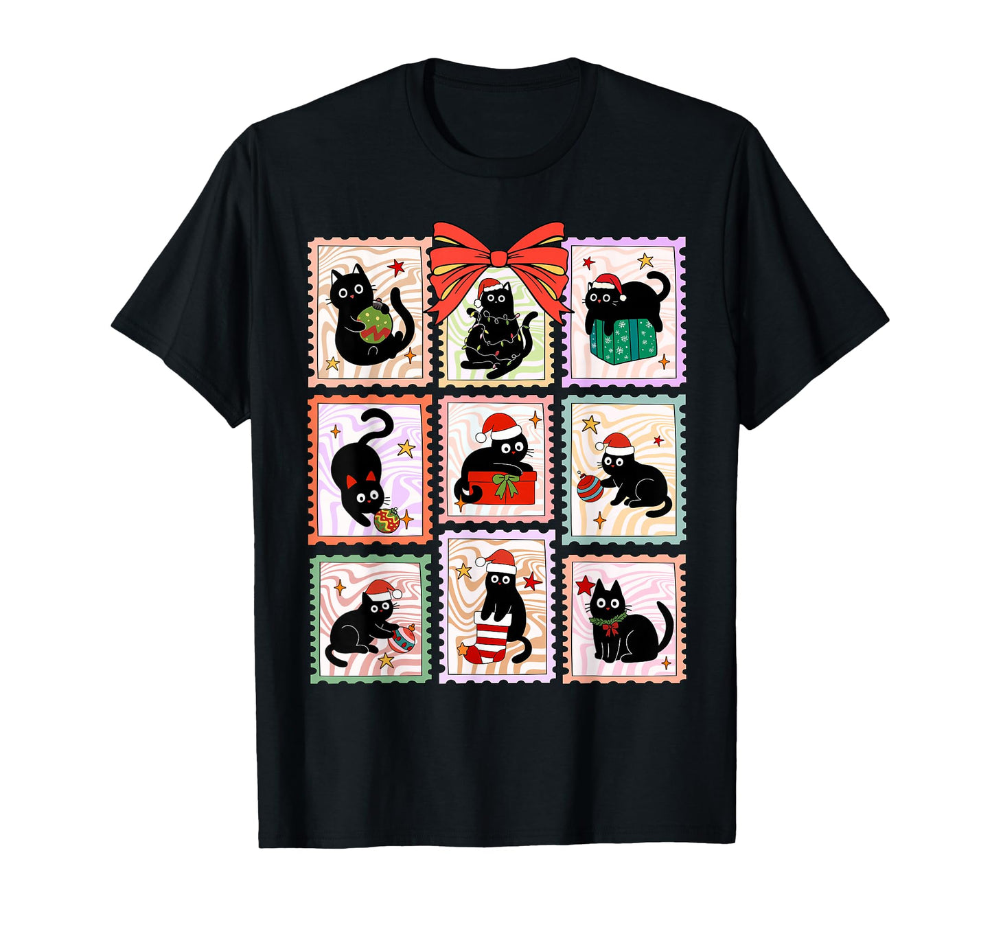 Merry Christmas Black Cat Meowy Funny Santa Hat Women Kids T-Shirt