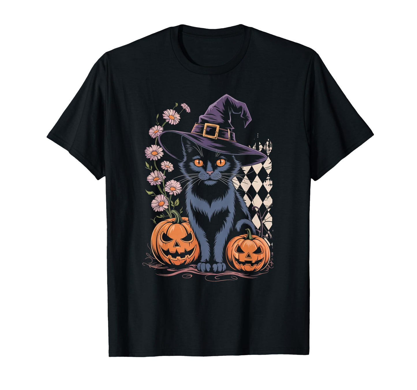 Cute Witch Cat Halloween Pumpkin Floral Aesthetic Tee T-Shirt