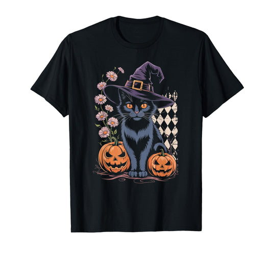 Cute Witch Cat Halloween Pumpkin Floral Aesthetic Tee T-Shirt