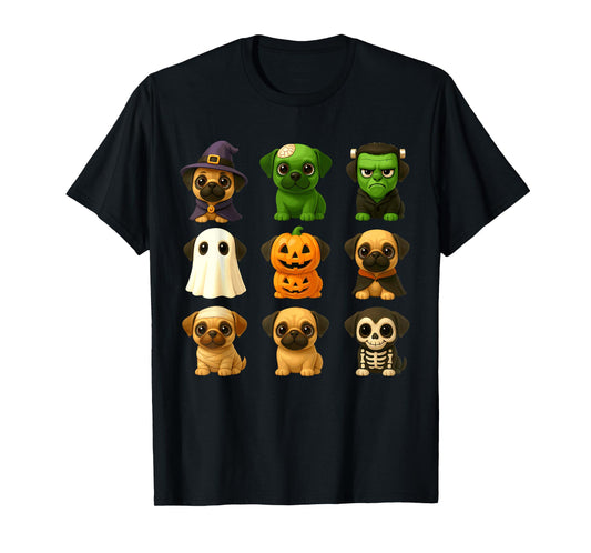 Cute Pug Dogs Witch Pumpkin Skeleton Costume Happy Halloween T-Shirt
