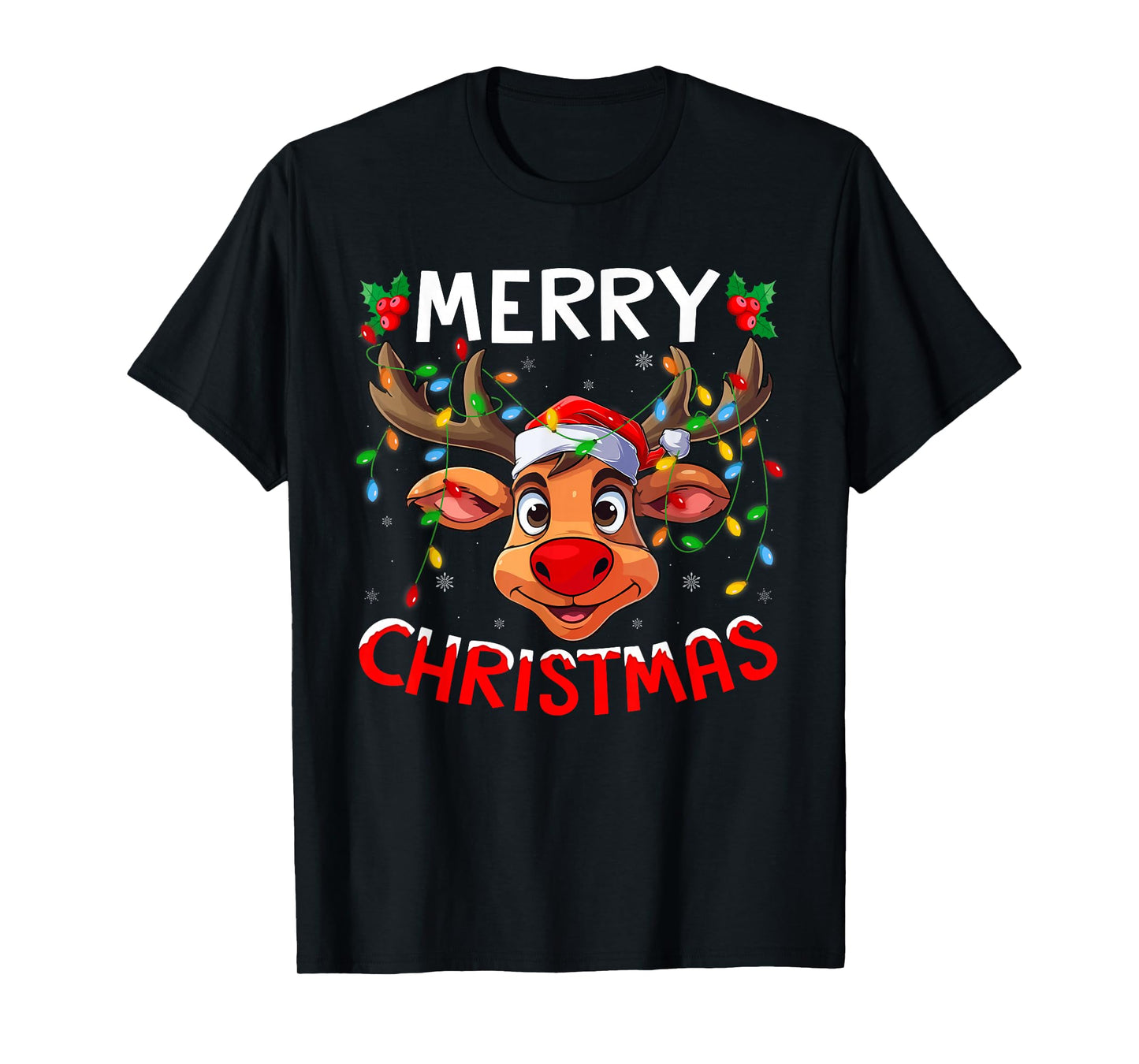 Xmas Family Lights Santa Hat Reindeer Merry Christmas T-Shirt