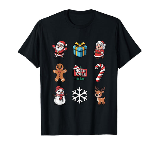 Cute Xmas Characters Santa Candy Cane Snowman T-Shirt