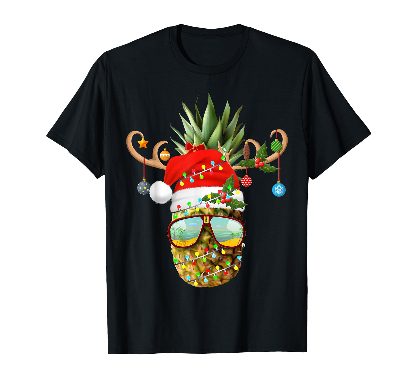 Pineapple Christmas Tree Lights Sunglasses Holiday Xmas T-Shirt